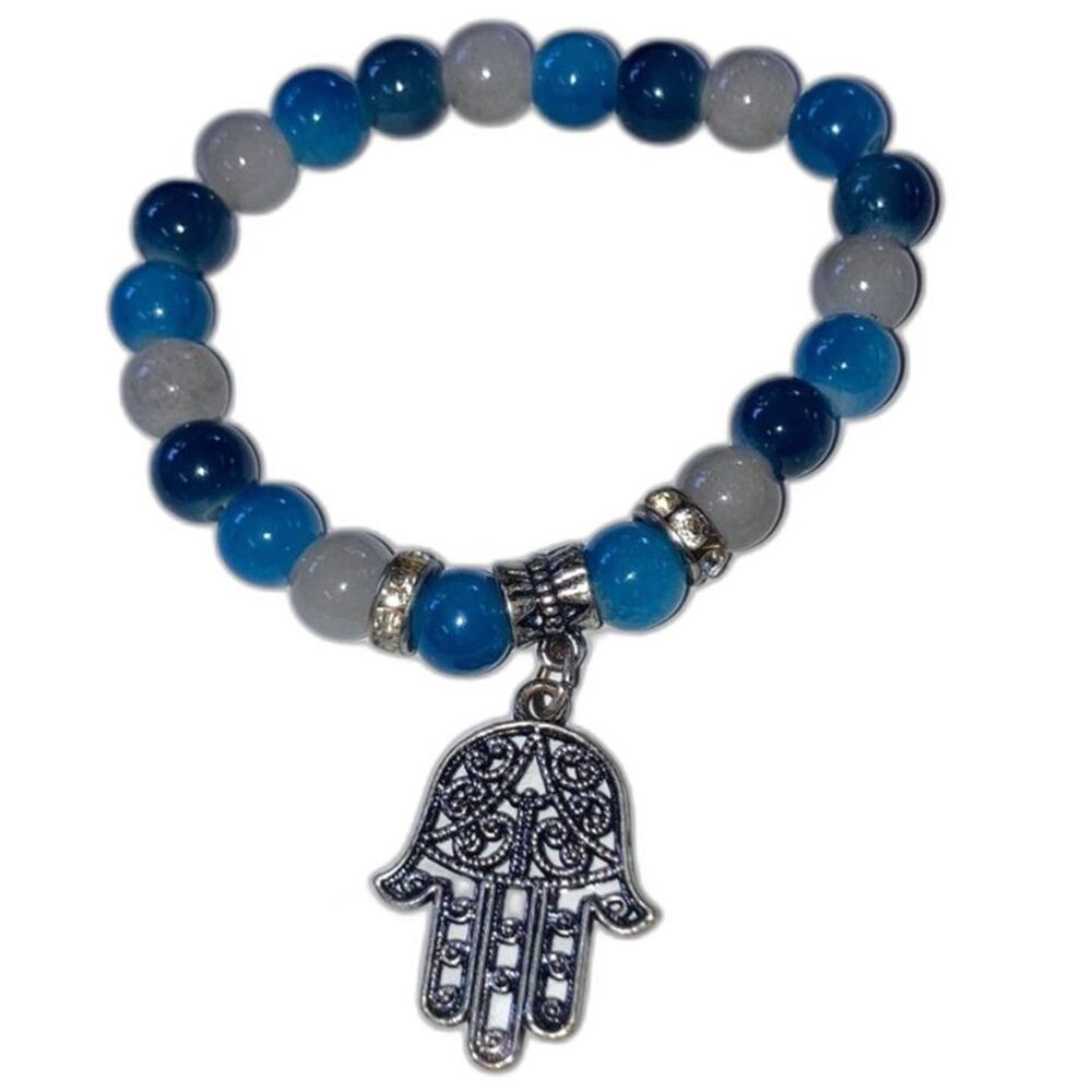 GOOD KARMA Beaded Stretch Bracelet with Metal Hand Hamsa Charm 7 inches